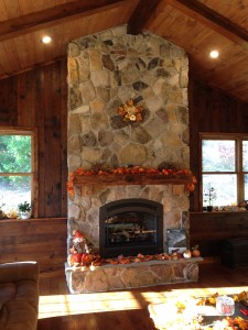 Mountain Stone Fireplace, Barn Beam Mantle With Stone Hearth